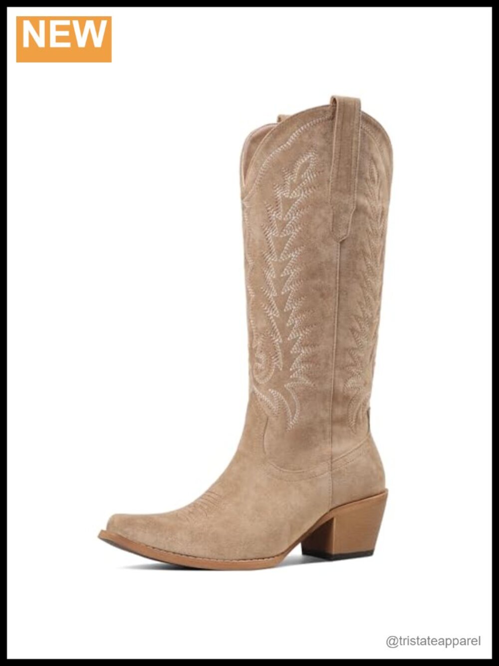 Women's Cowboy Boots Knee High Snip Toe Suede Embroidered Chunky Heel